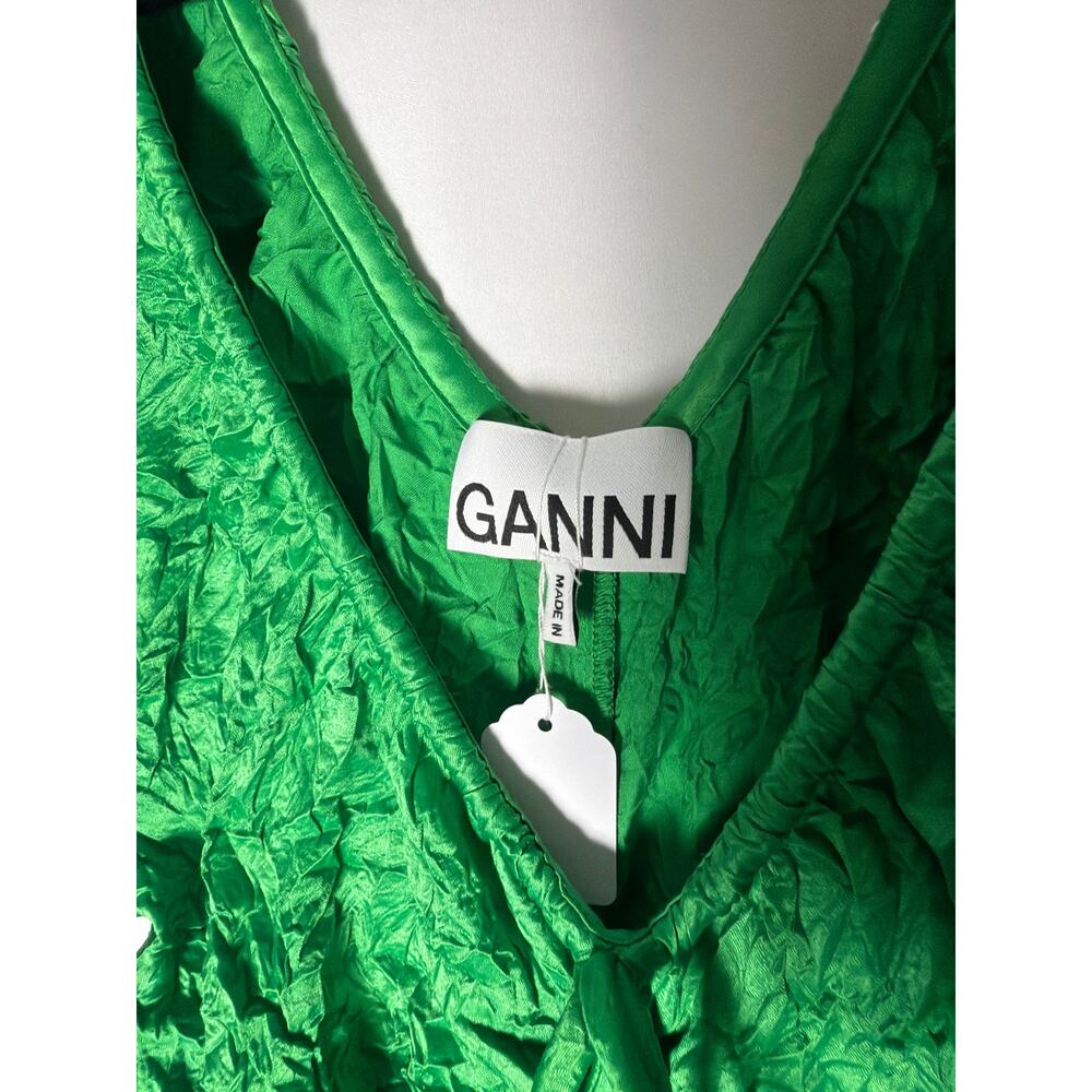 GANNI Ruched Crinkle Satin Midi Dress: Green - Picture 2 of 3